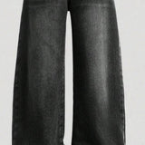 Black wide-leg jeans on a light gray background