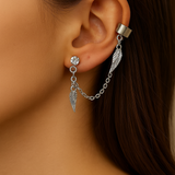 Silver Dual Chain Leaf Drop Cuff Earring (Single Piece)