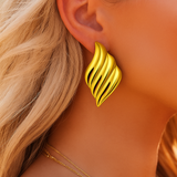 Golden Wave Leaf Earrings – Stainless Steel Statement Design