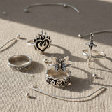 Gothic Silver Ring Set - Heart, Butterfly, Dagger & Moth Motif 5-Ring Stack