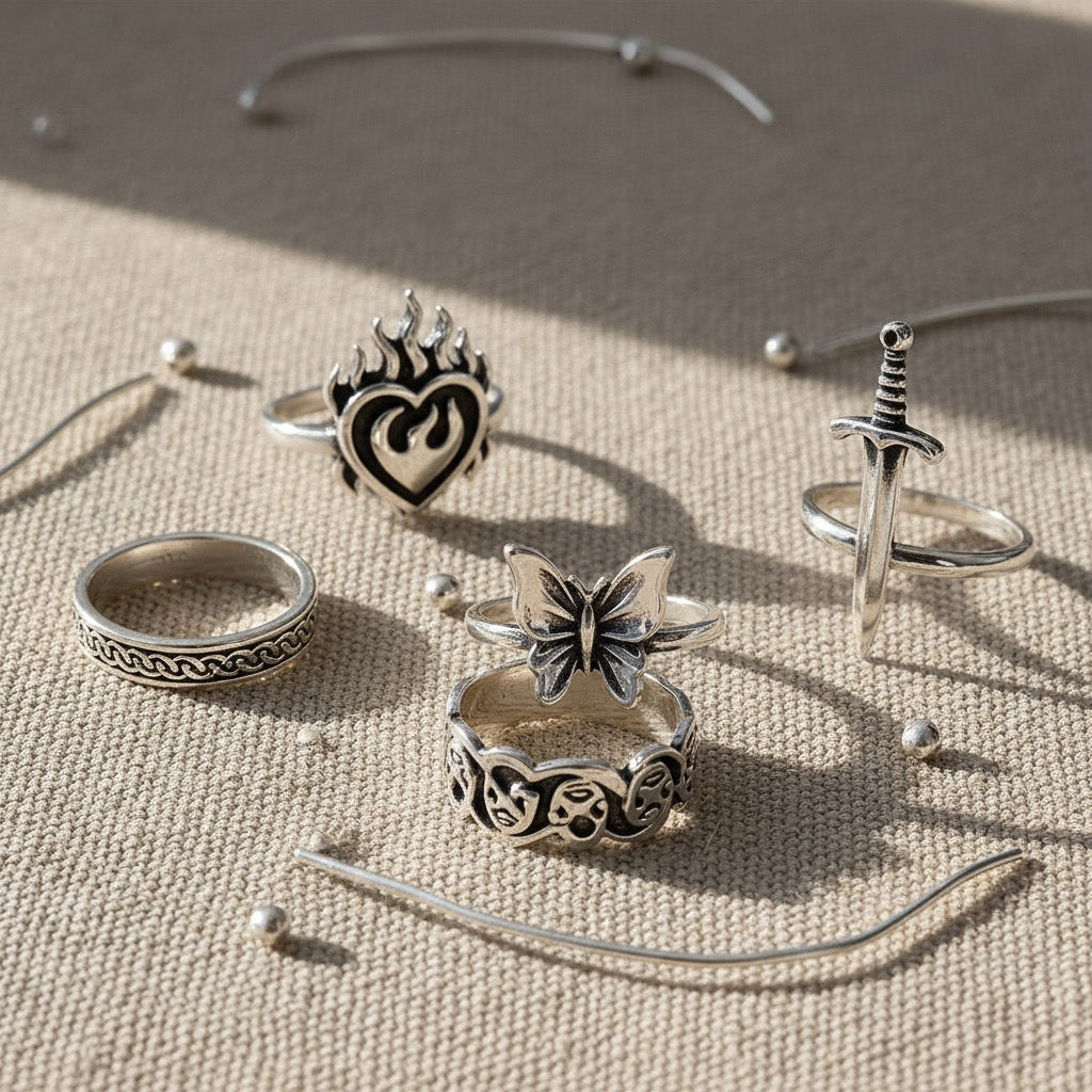 Gothic Silver Ring Set - Heart, Butterfly, Dagger & Moth Motif 5-Ring Stack