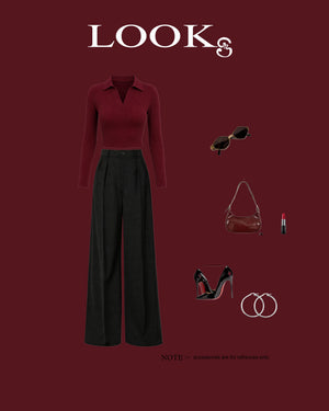 Burgundy Elegance Top & Black Wide-Leg Trouser Set