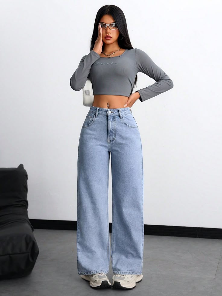 Sky blue High waist womens baggy jeans