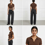 Charcoal High waist baggy jeans |Brown top half sleeve - full set