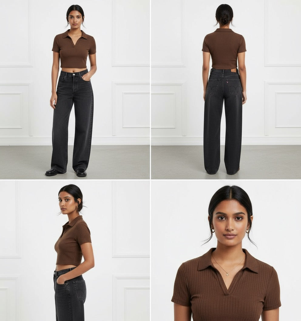 Charcoal High waist baggy jeans |Brown top half sleeve - full set
