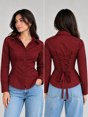 Women’s Burgundy Corset Back Lace-Up Shirt with Flared Cuffs