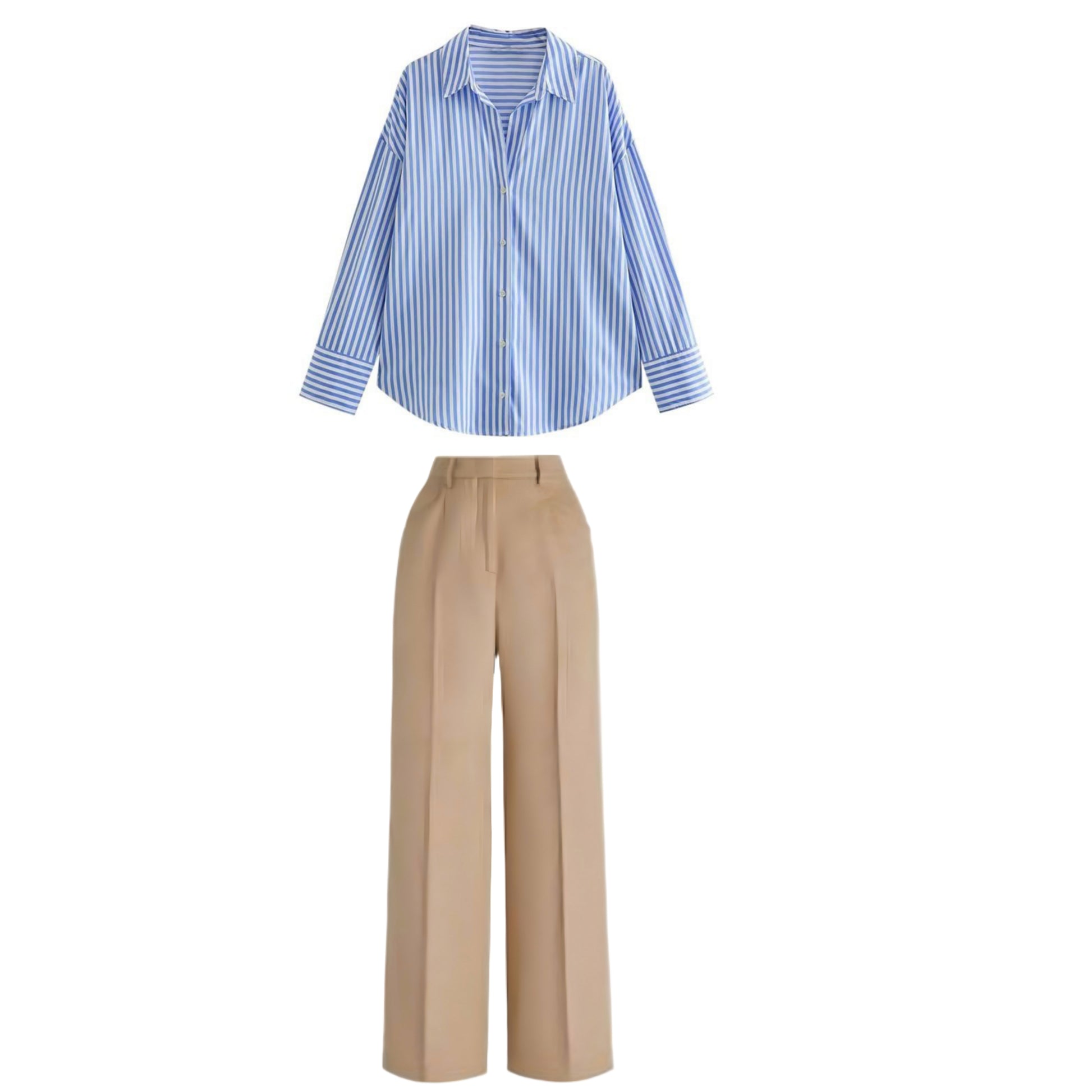 Camel  High waist pant (trouser ) | Blue striped shirt ( women )