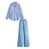 sky blue High waist baggy jeans | Blue striped shirt ( women )