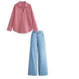 sky blue High waist baggy jeans | Red striped shirt ( women )