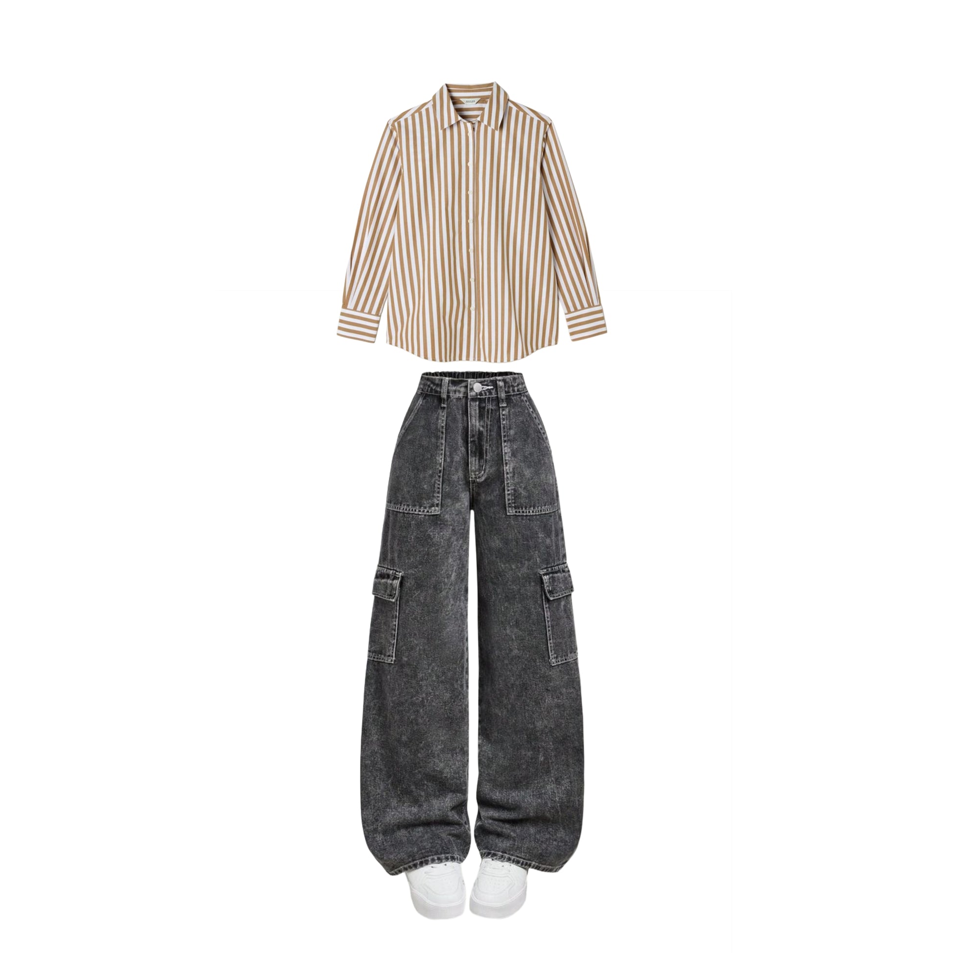 Charcoal High waist cargo jeans | Brown striped shirt ( women )