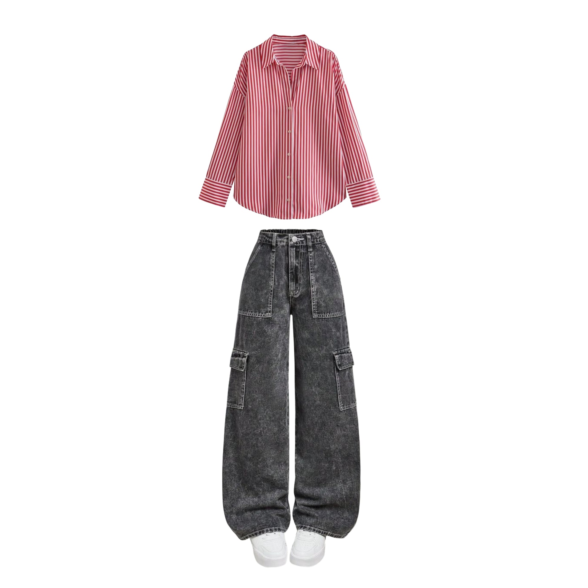 Charcoal High waist cargo jeans | Red striped shirt ( women )