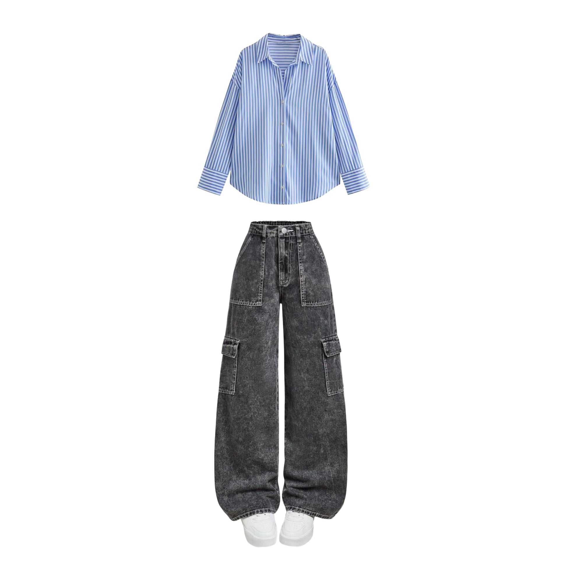 Charcoal High waist cargo jeans | Blue striped shirt ( women )