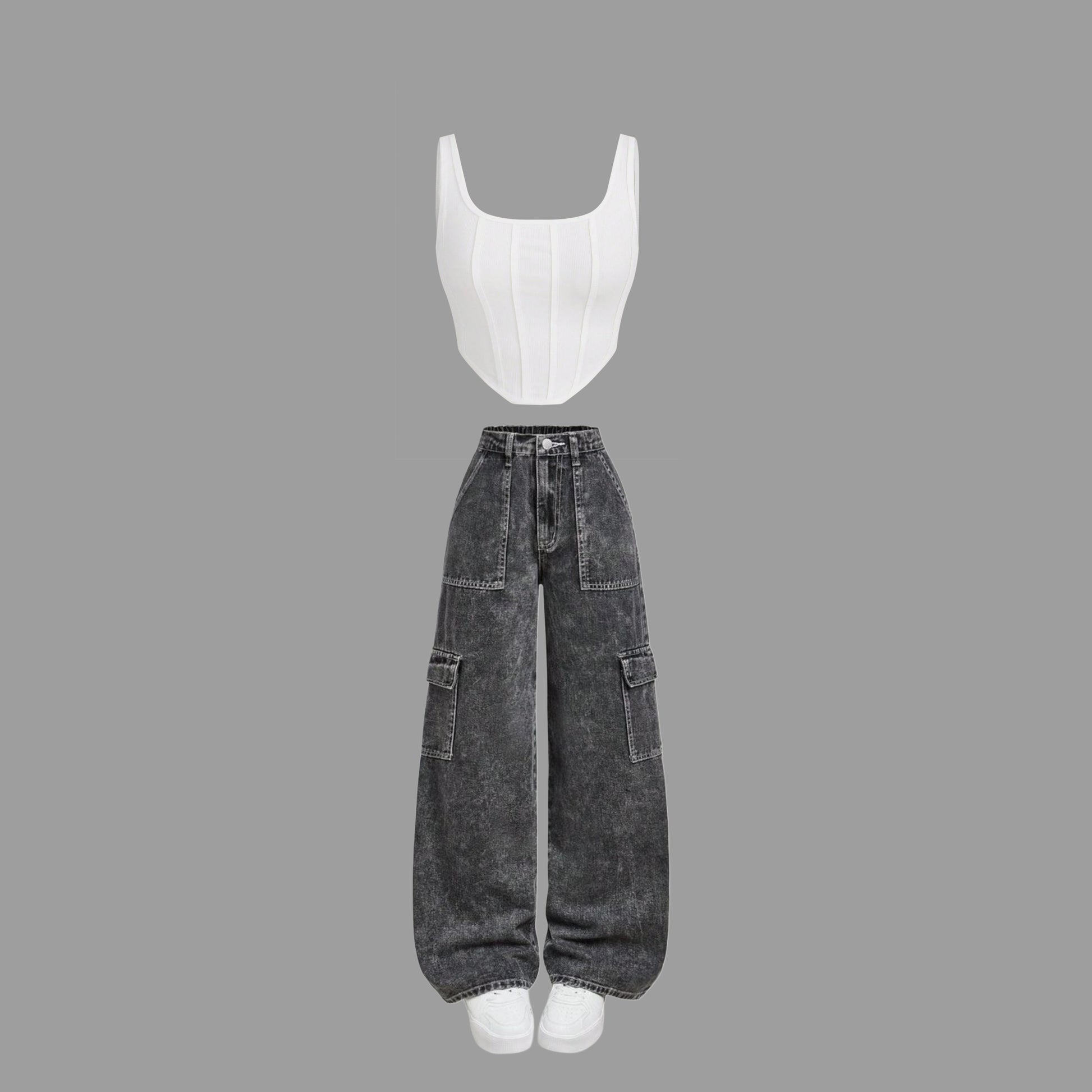 A charcoal cargo jeans | White top (Full set)