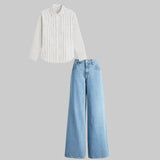 sky blue High waist baggy jeans | White striped shirt ( women ) (FULLSET)