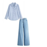 sky blue High waist baggy jeans | sky Blue striped broad white line shirt ( women ) (FULLSET)