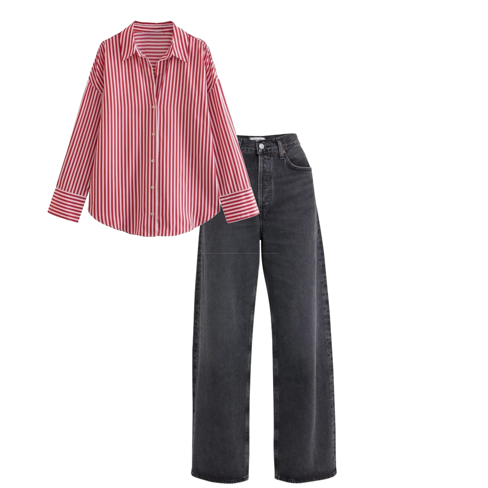 High waist baggy jeans charcoal | Red striped shirt | womens