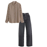 High waist baggy jeans charcoal | Brown striped shirt | womens