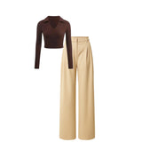 Beidge High waist trouser (pant) |polo Brown top full sleeve - full set