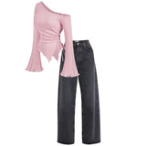 Charcoal High waist  baggy jeans |Pink top - full set