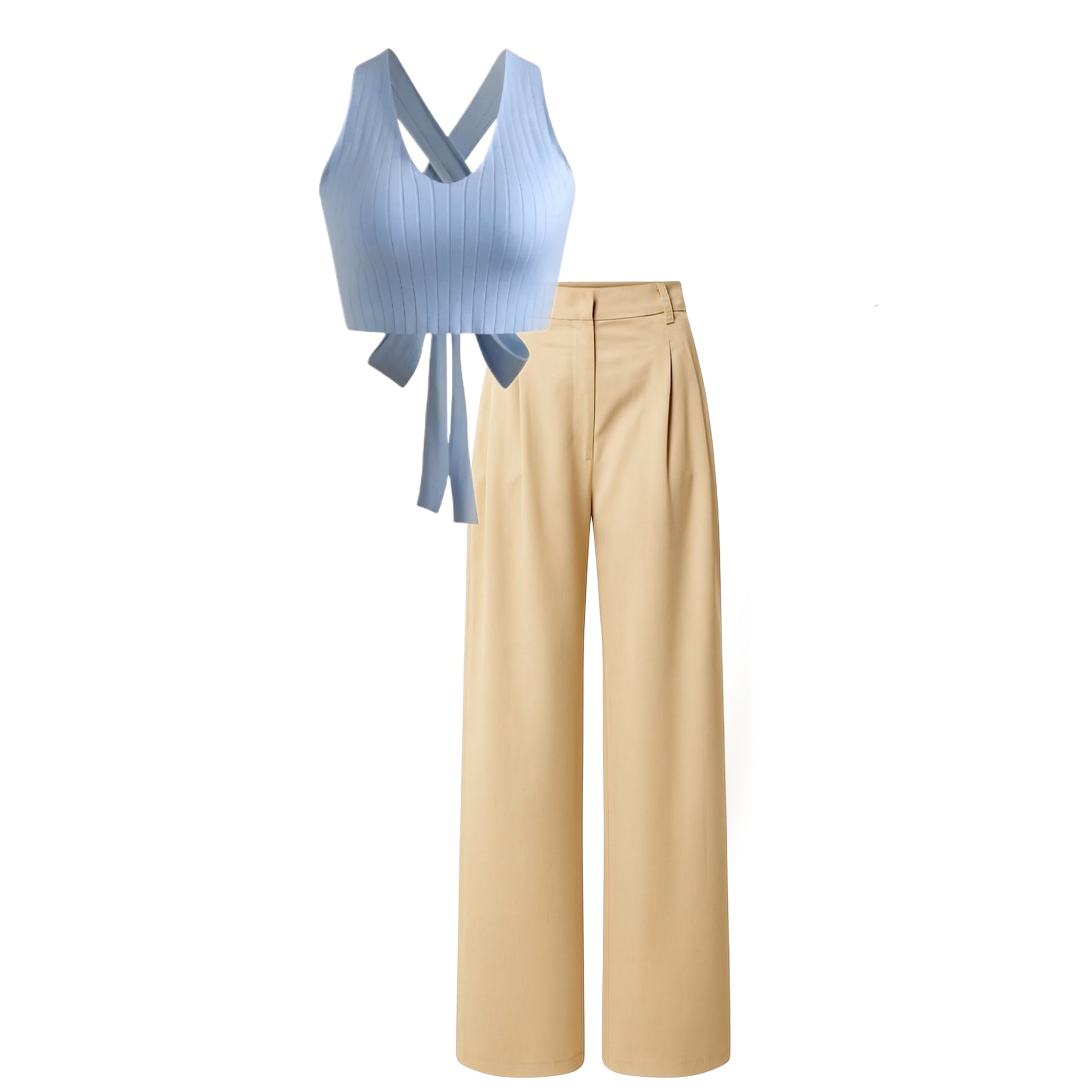 Beidge High waist  trouser (pant) |Sky blue top - full set