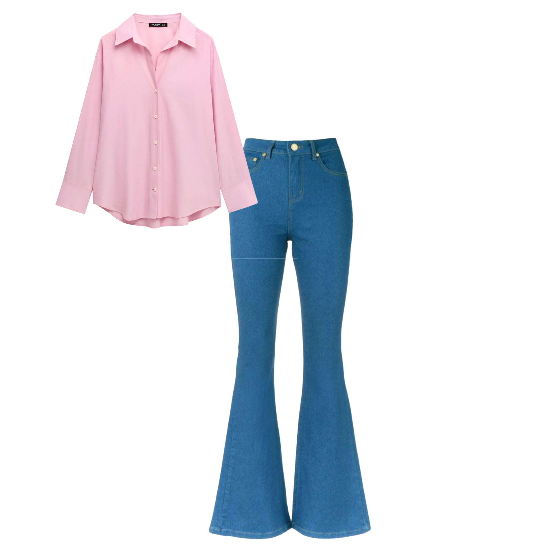 Blue bell bottom jeans | Baby pink striped shirt | Womens