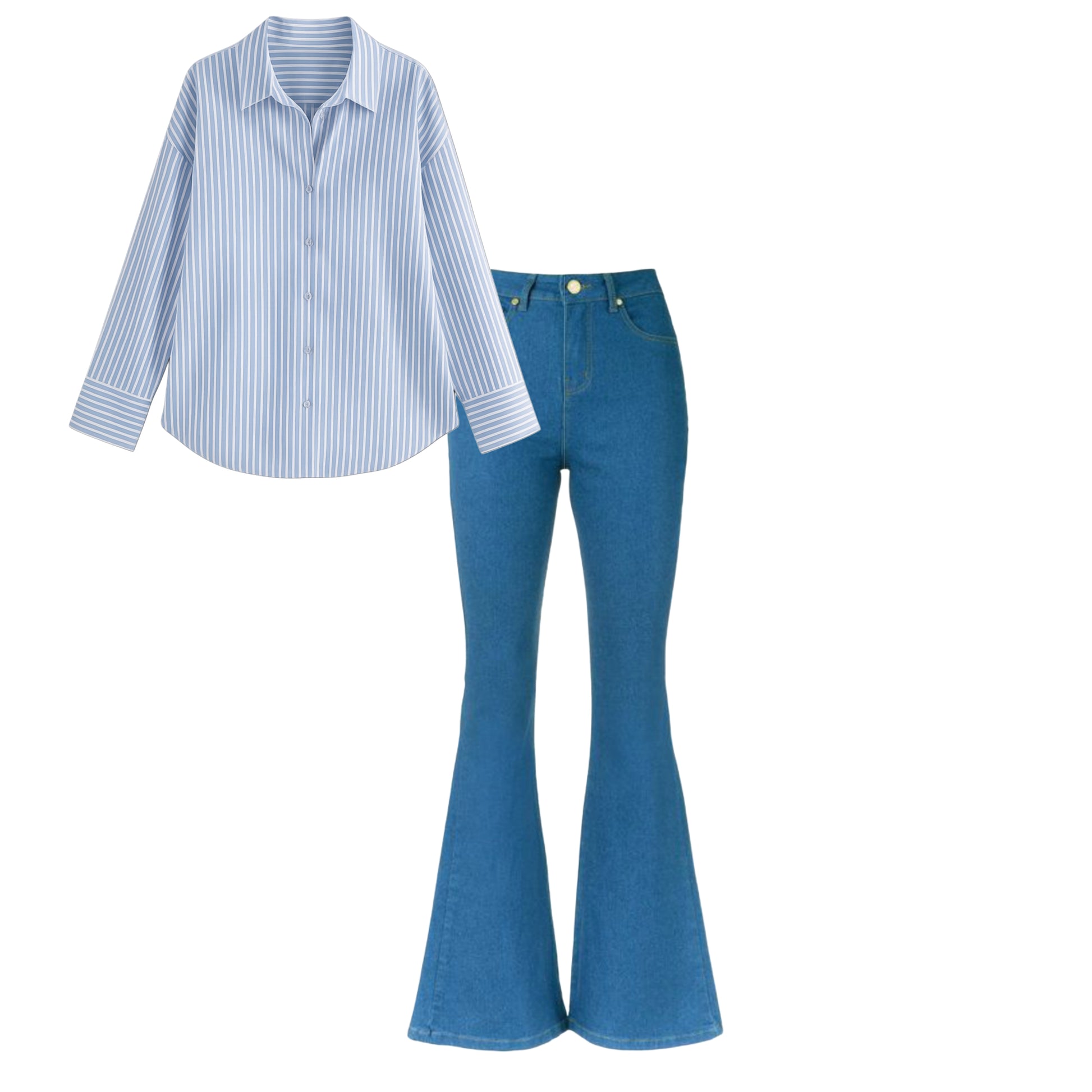 Sky blue bell bottom jeans |Sky blue broad striped shirt | Womens