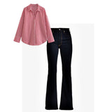 Dark blue bell bottom jeans | Red striped shirt | Womens