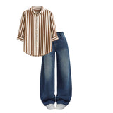 Blue white shade baggy jeans | Brown striped shirt | Womens