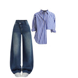 Blue white shade baggy jeans | Dark blue broad striped shirt | Womens