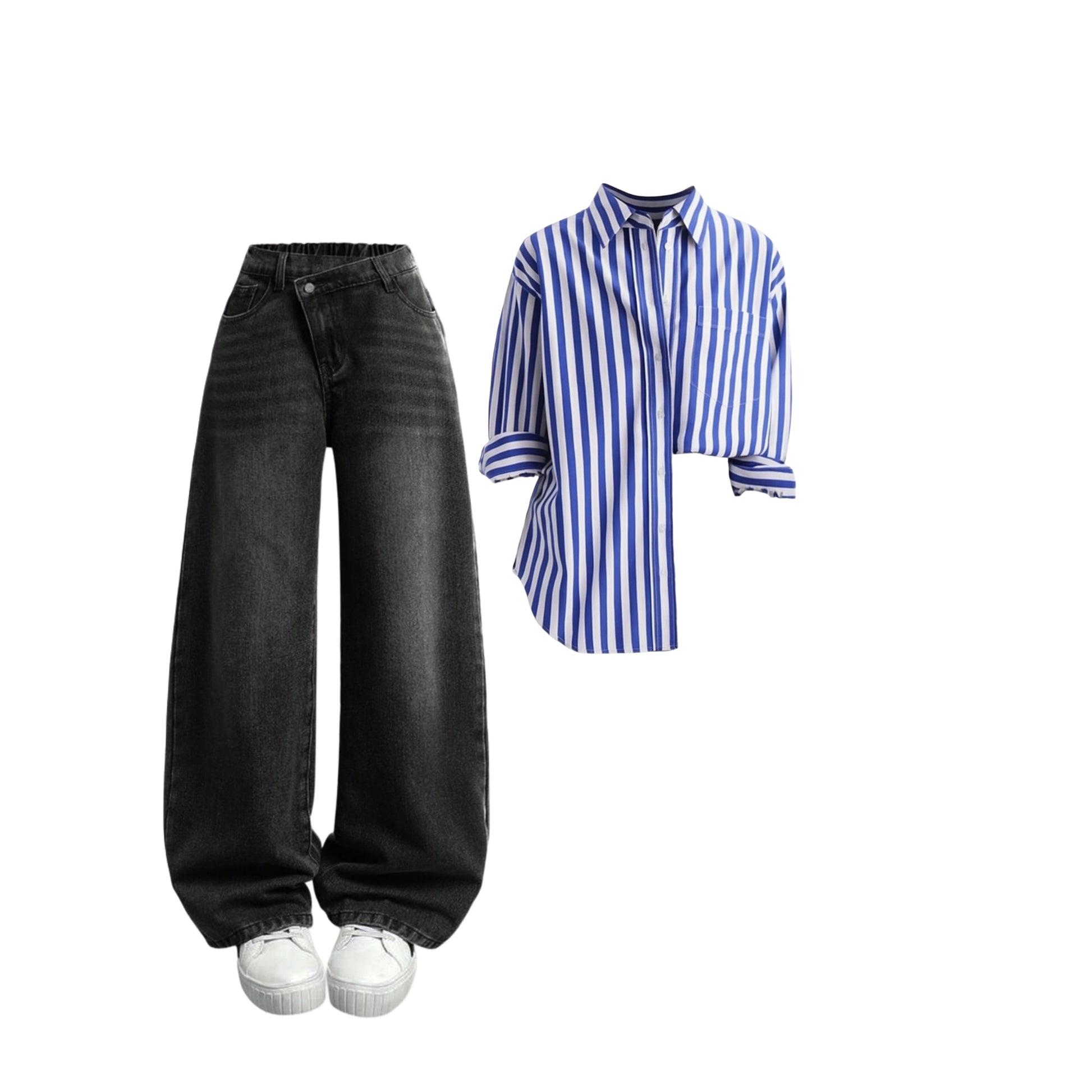 Charcoal white shade baggy jeans | Drk blue brod striped shirt | Womens