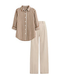 Off white High waist pant (trouser ) | Brown  striped shirt ( women )