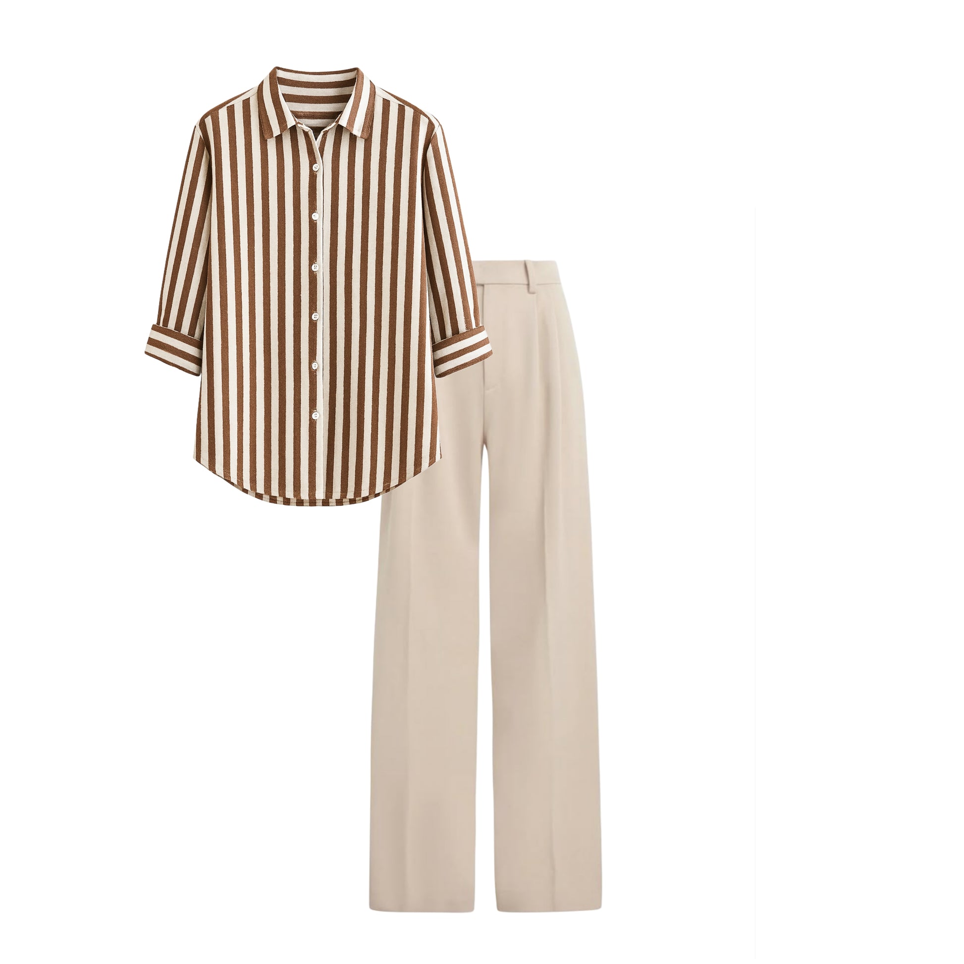 Off white High waist pant (trouser ) | Brown  striped shirt ( women )