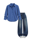 Blue white shade baggy jeans | Dark blue  striped shirt | Womens