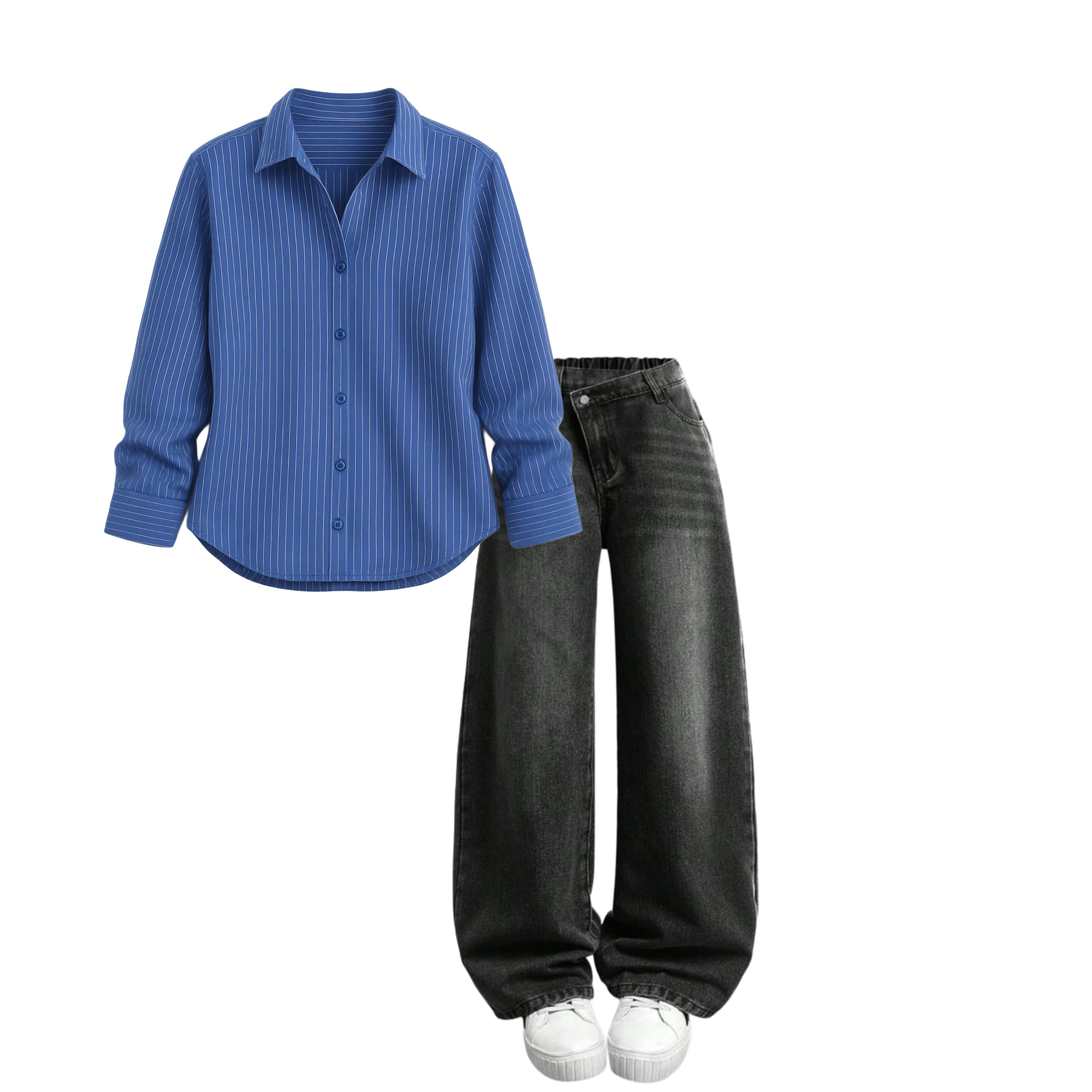 Charcoal white shade baggy jeans | Dark blue  striped shirt | Womens