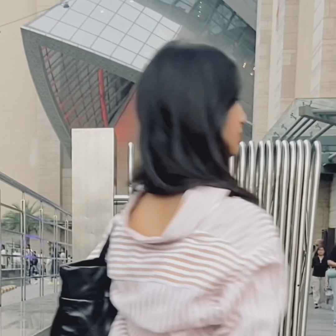 sky blue High waist baggy jeans | Brown striped shirt ( women )