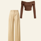 Twist-Detail Brown Top Co-Ord Set with Wide-Leg Trousers