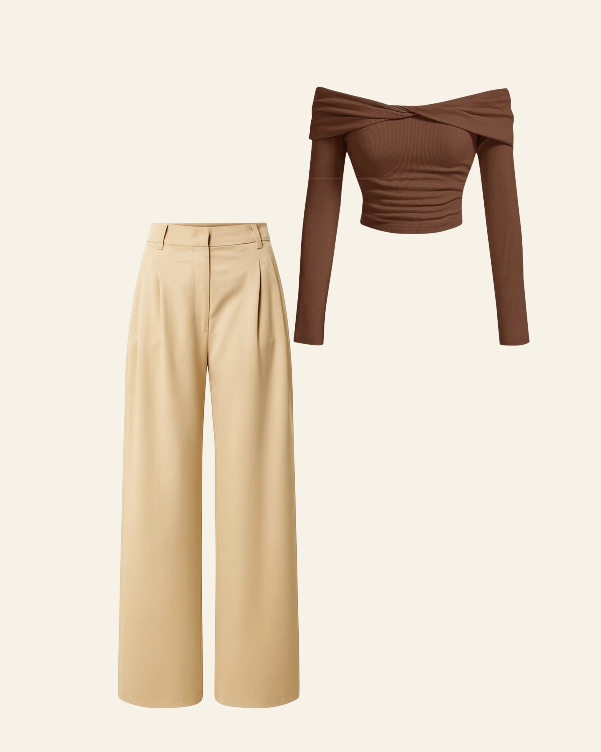 Twist-Detail Brown Top Co-Ord Set with Wide-Leg Trousers