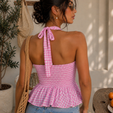 Gingham Halterneck Peplum Top