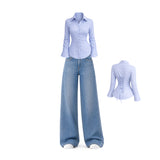 Sky Blue Lace-Back Shirt with Wide-Leg Denim Jeans Set