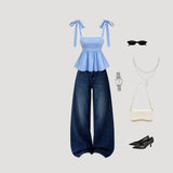 Blue Gingham Peplum Tie-Up Top with Wide Leg Denim Jeans Co-ord Set