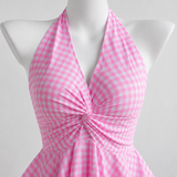 Gingham Halterneck Peplum Top
