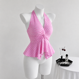 Gingham Halterneck Peplum Top