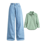 Broad green striped shirt  with Light Blue baggy jeans