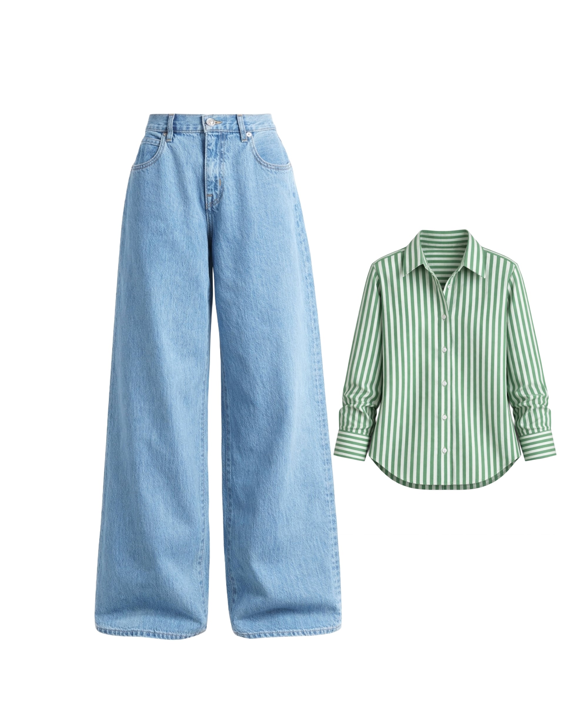 Broad green striped shirt  with Light Blue baggy jeans
