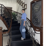 Blue white shade baggy jeans | Dark blue  striped shirt | Womens