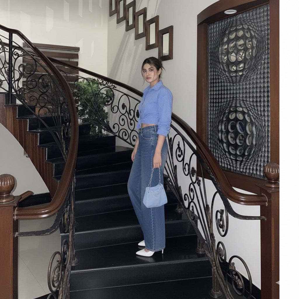 Blue white shade baggy jeans | Dark blue  striped shirt | Womens