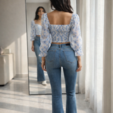 Blue Floral Georgette Puff Sleeve Crop Top with Stretch Bootcut Denim Jeans Co-Ord Set