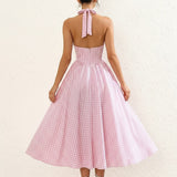 Vintage Charm Pink Check Halter Midi Dress