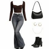 Bootcut Denim Jeans with Sweetheart Neck Crop Top