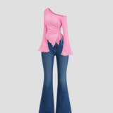 Pink Off-Shoulder Ribbed Top with Bootcut Denim Jeans (full set )